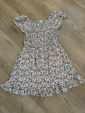 Girls Cream Floral Smocked Short Sleeve Dress